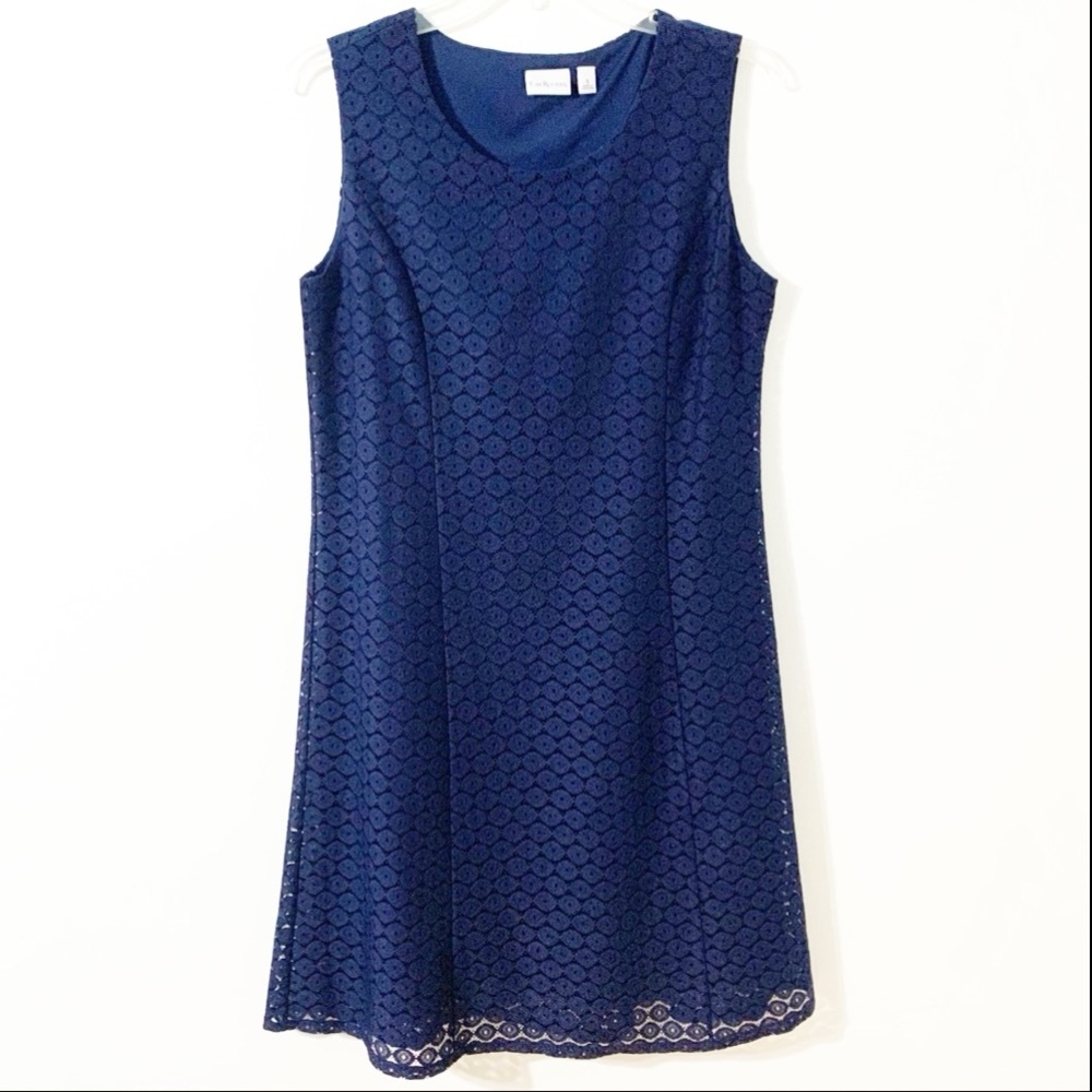 Kim Rogers Lace Overlay Rounded Neckline Sleeveless Dress Navy Blue Fully Lined